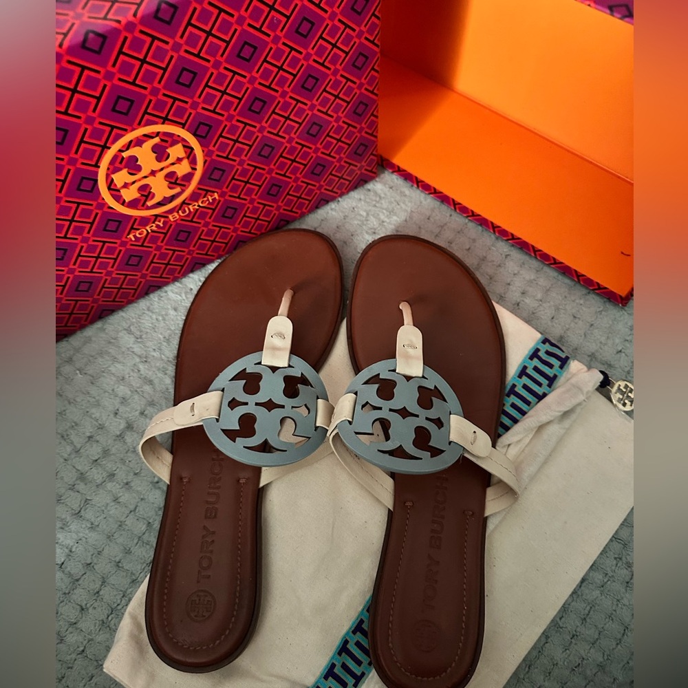 Tory Burch Northern Blue and Cream Sandals